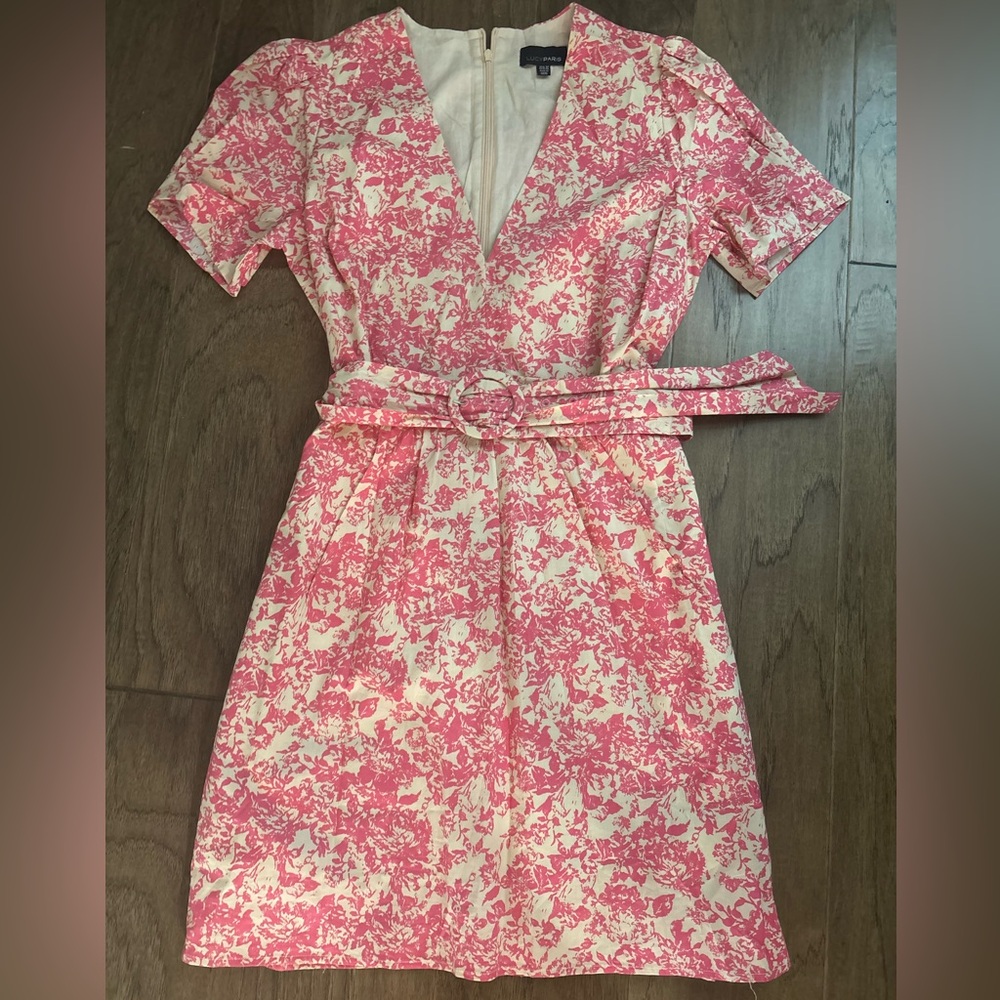 Lucy Paris Pink & Cream Floral V-Neck Belted Mini Dress